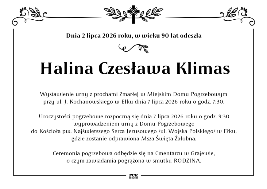 Halina Czesława Klimasz - nekrolog